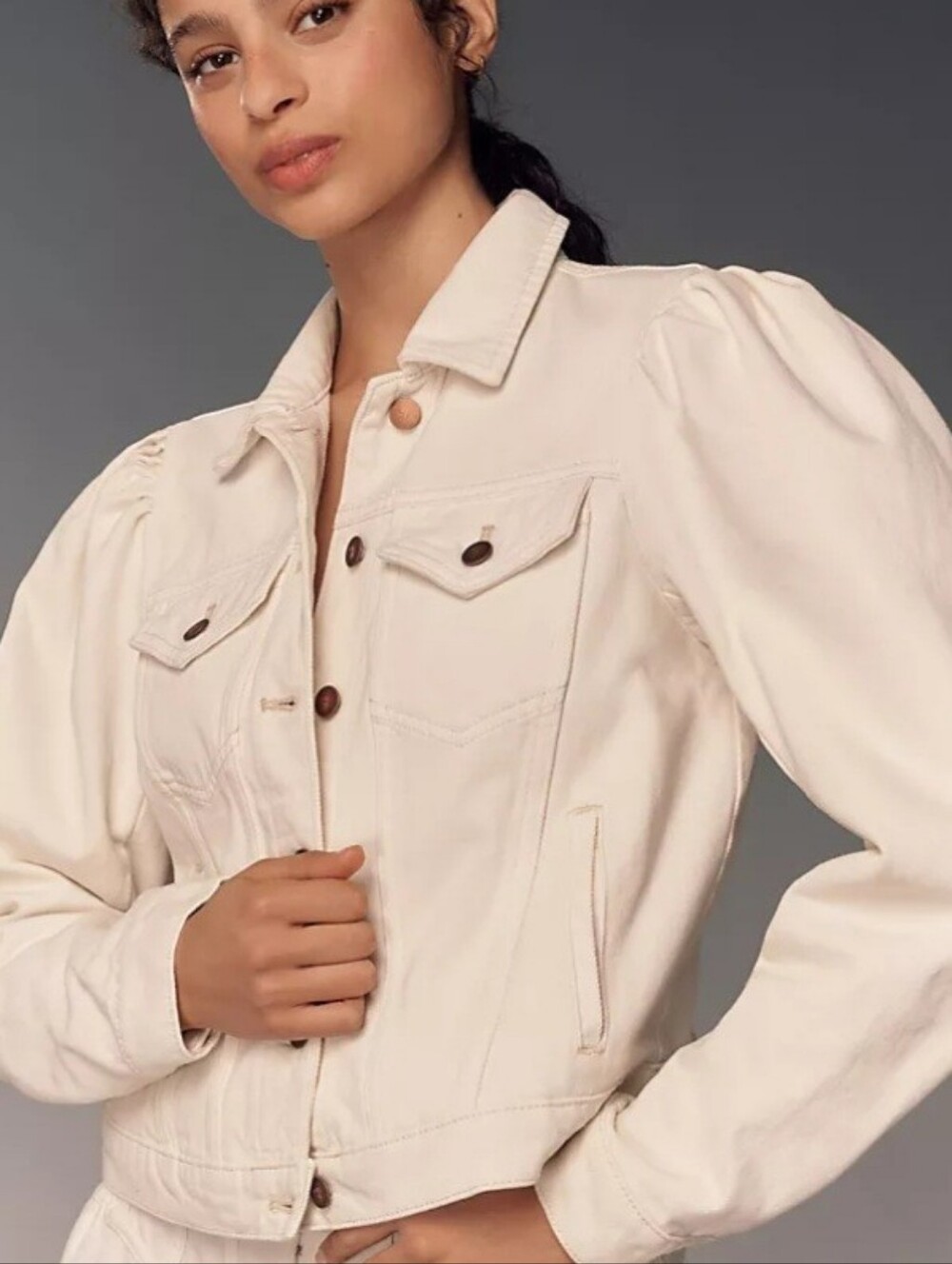 Anthropologie Pilcro White Denim Jean Puff Sleeve Jacket Size Large NEW NWT - Picture 2 of 12